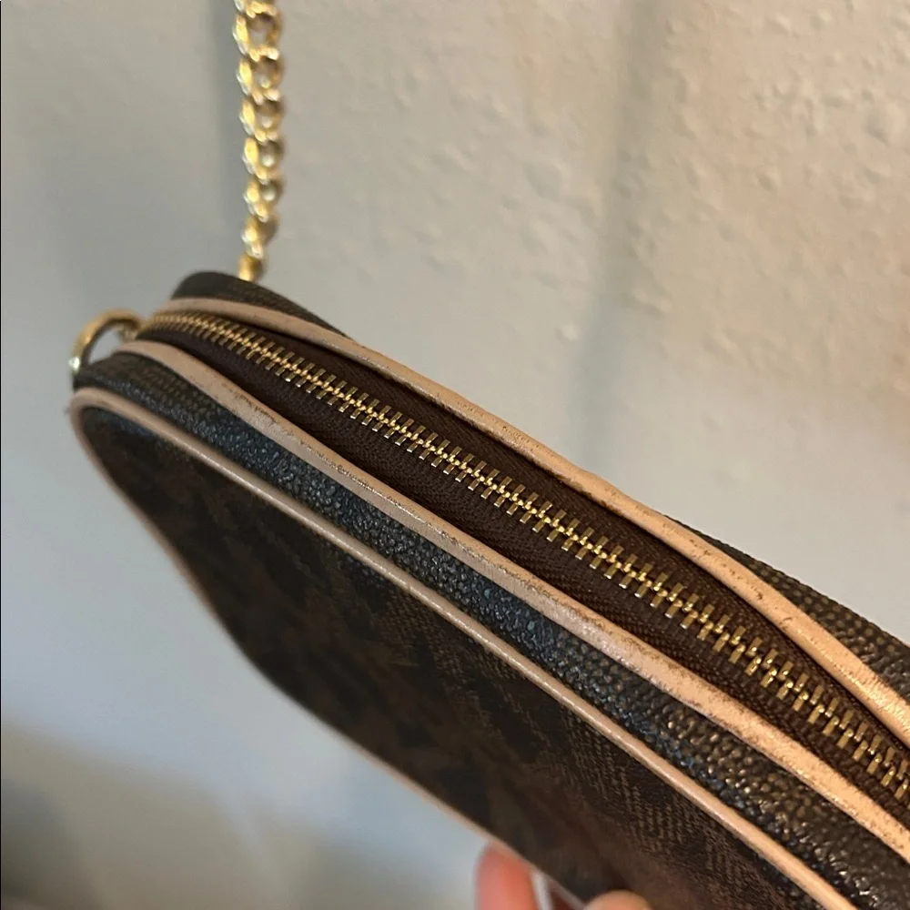 Michael Kors Brown Logo Crossbody with Gold Chain and Beige Trim